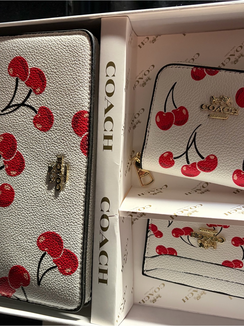Coach White Leather Cherry Print Wallet Trio